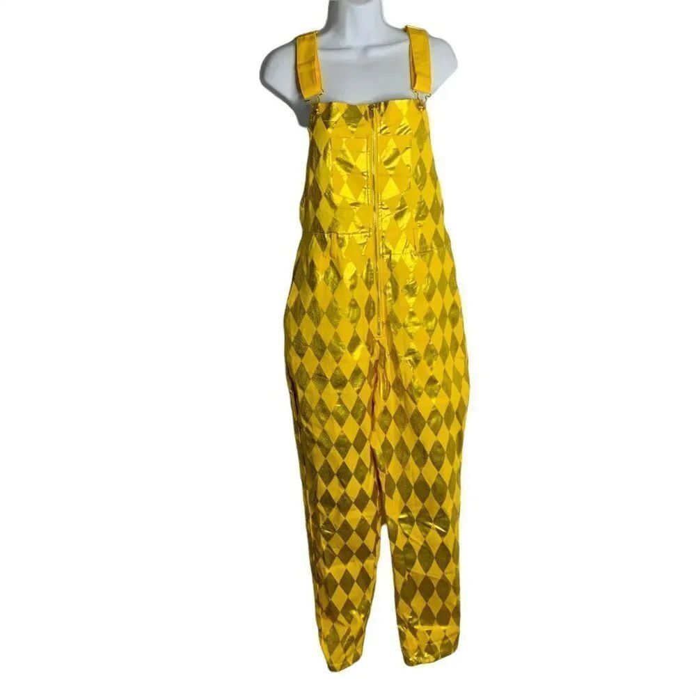 Harley Quinn Birds of Prey Overall Jumpsuit L Yellow Gold Diamonds Zip Pockets